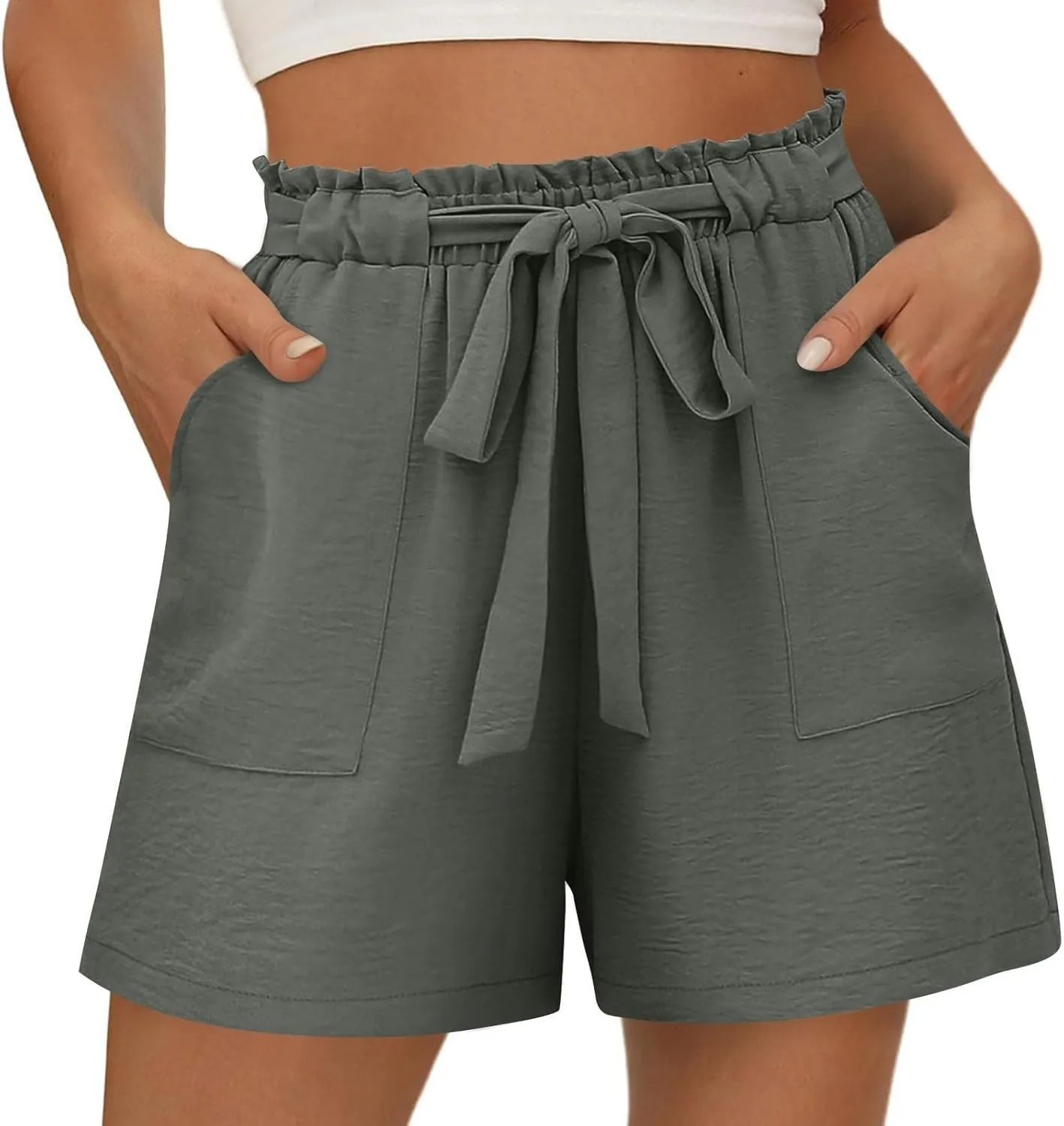 Linen Shorts for Women Summer High Waist Elastic Adjustable Tie Knot Lounge Shorts Casual Loose Flowy Short Pants