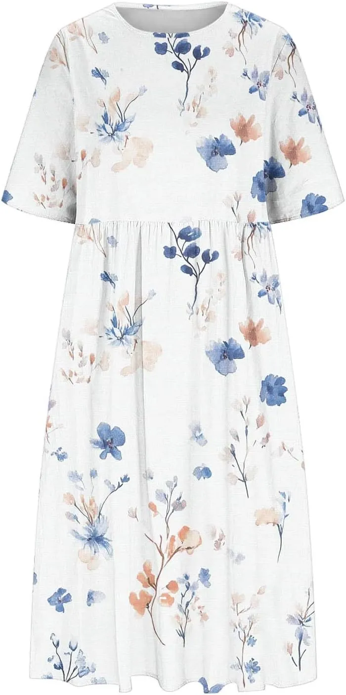Long Maxi Summer Dresses for Women Loose Flowy A Line Floral Boho Tshirt Dress Half Sleeve Beach Vacation Sundress
