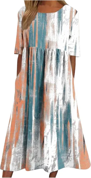Long Maxi Summer Dresses for Women Loose Flowy A Line Floral Boho Tshirt Dress Half Sleeve Beach Vacation Sundress