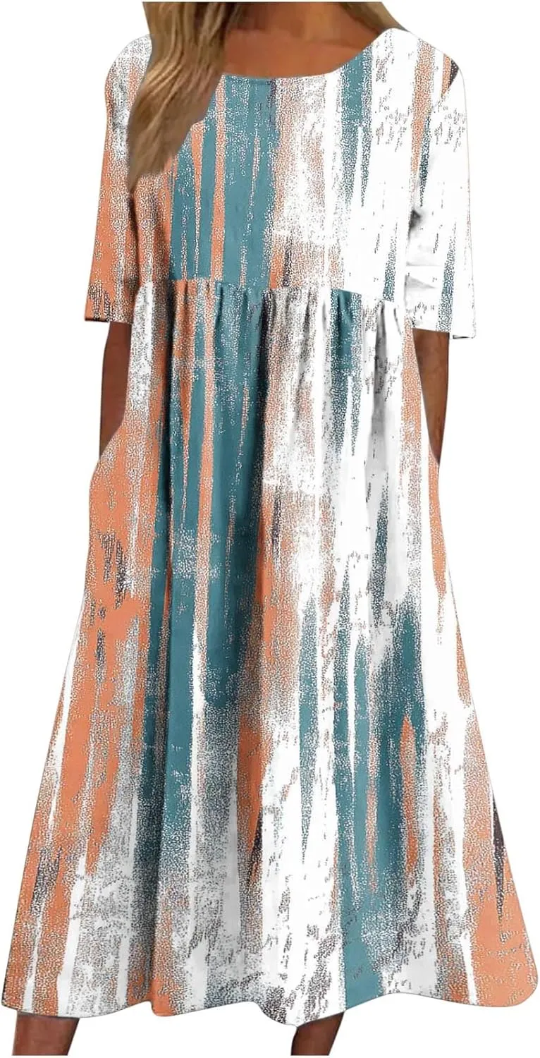 Long Maxi Summer Dresses for Women Loose Flowy A Line Floral Boho Tshirt Dress Half Sleeve Beach Vacation Sundress