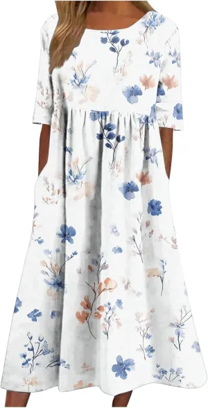Long Maxi Summer Dresses for Women Loose Flowy A Line Floral Boho Tshirt Dress Half Sleeve Beach Vacation Sundress