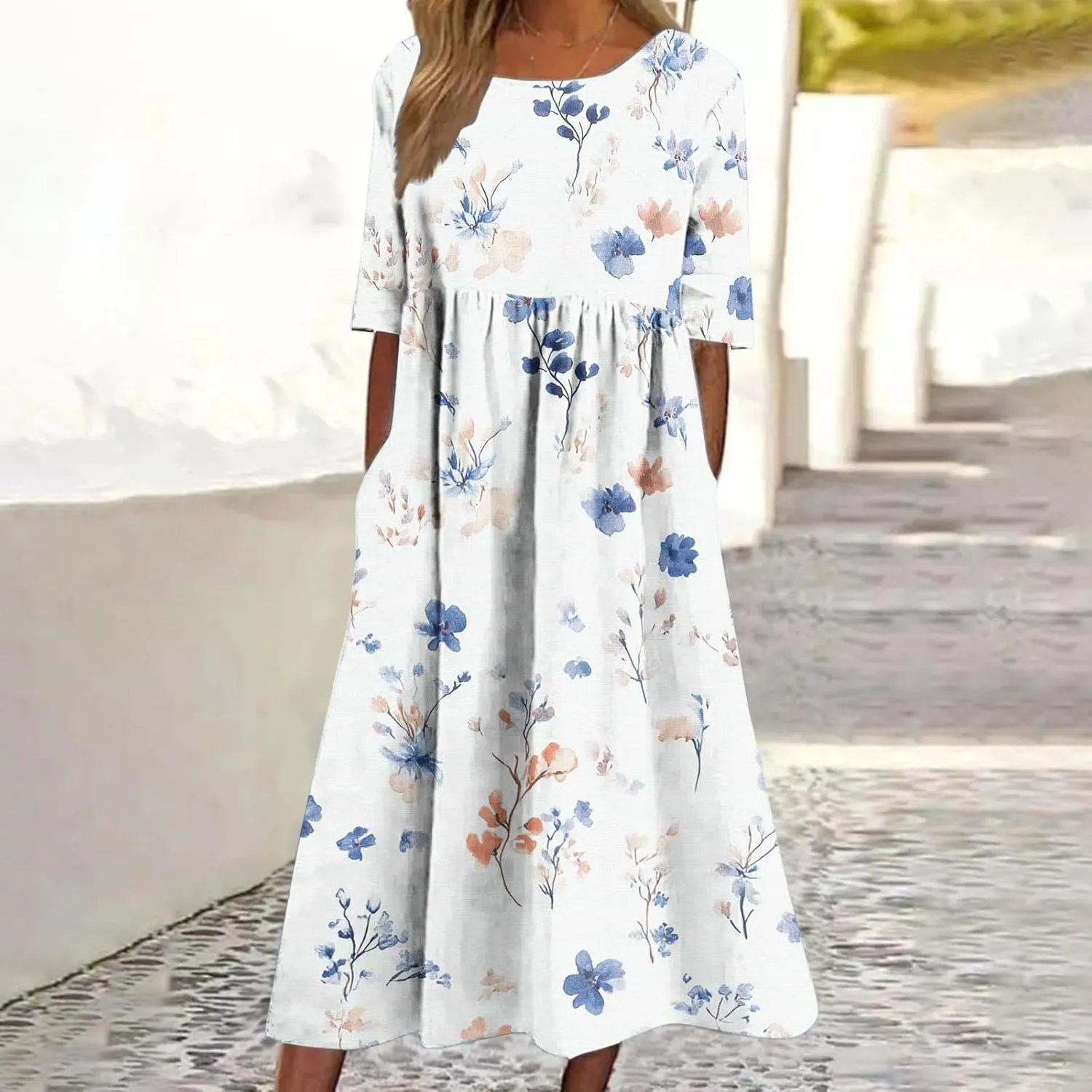 Long Maxi Summer Dresses for Women Loose Flowy A Line Floral Boho Tshirt Dress Half Sleeve Beach Vacation Sundress