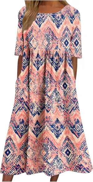 Long Maxi Summer Dresses for Women Loose Flowy A Line Floral Boho Tshirt Dress Half Sleeve Beach Vacation Sundress