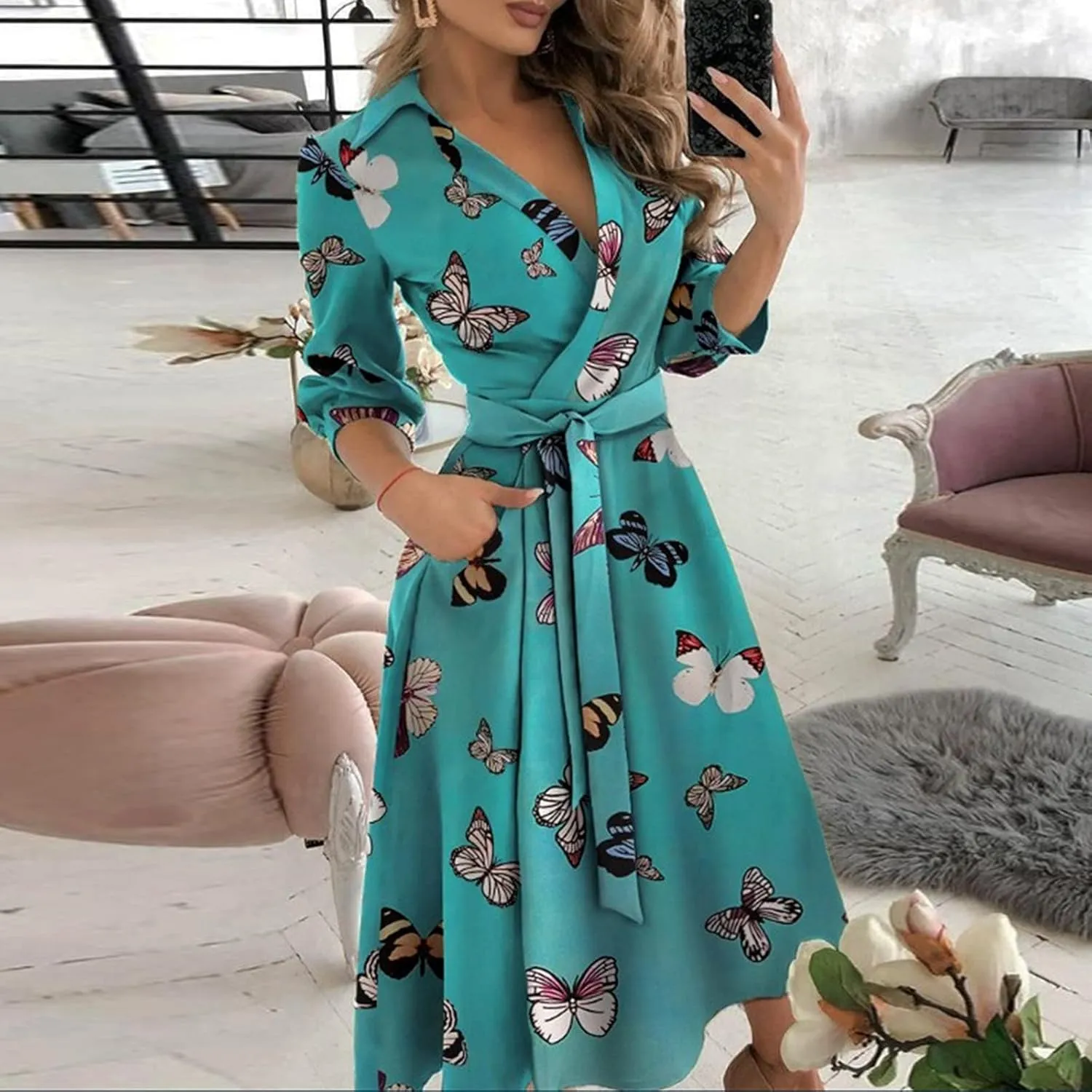 Maxi Dress for Women,2024 Summer Elegant Lapel V Neck Long/Short Sleeve Belt Office Dress,Flowy Ruched Beach Dress