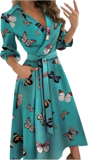 Maxi Dress for Women,2024 Summer Elegant Lapel V Neck Long/Short Sleeve Belt Office Dress,Flowy Ruched Beach Dress