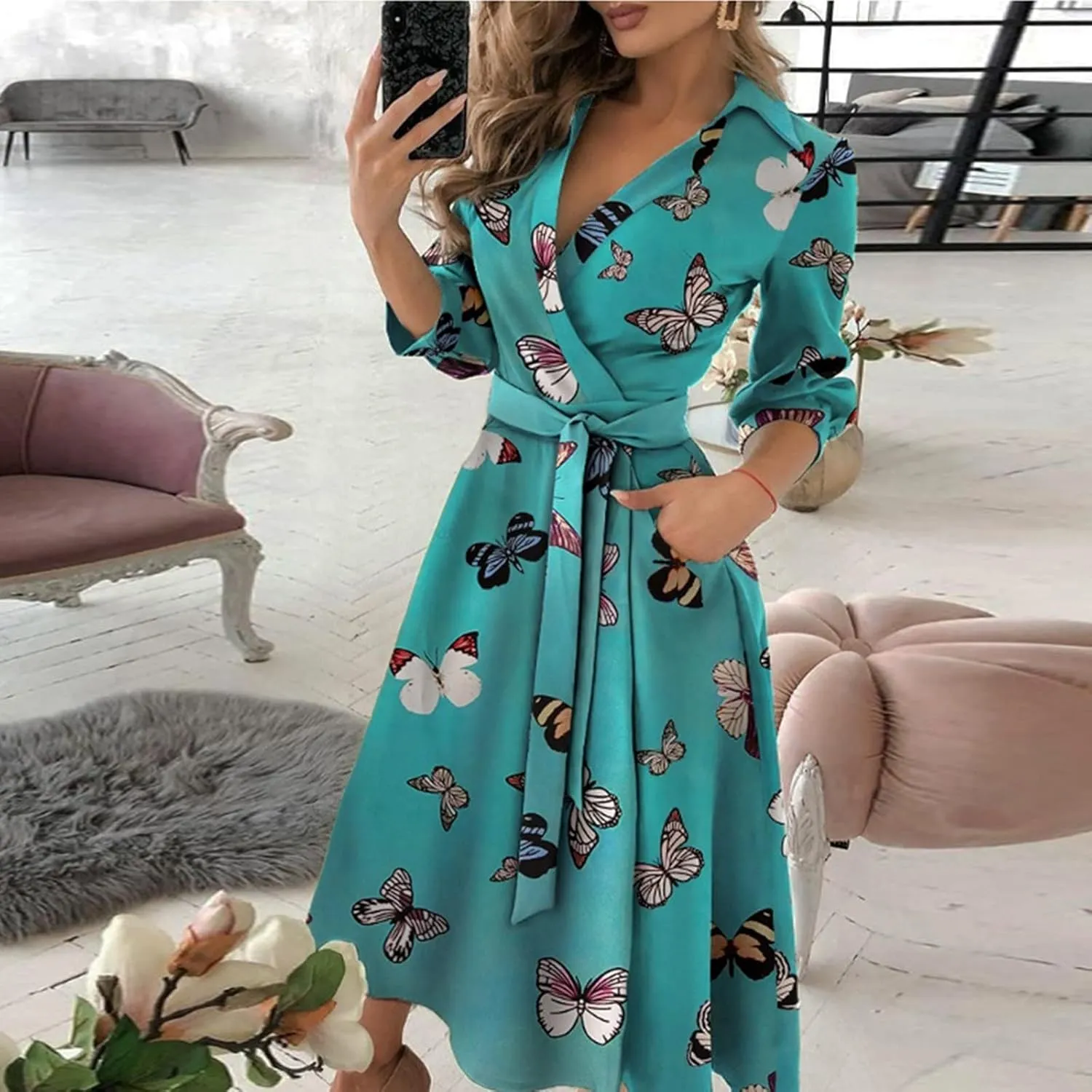 Maxi Dress for Women,2024 Summer Elegant Lapel V Neck Long/Short Sleeve Belt Office Dress,Flowy Ruched Beach Dress