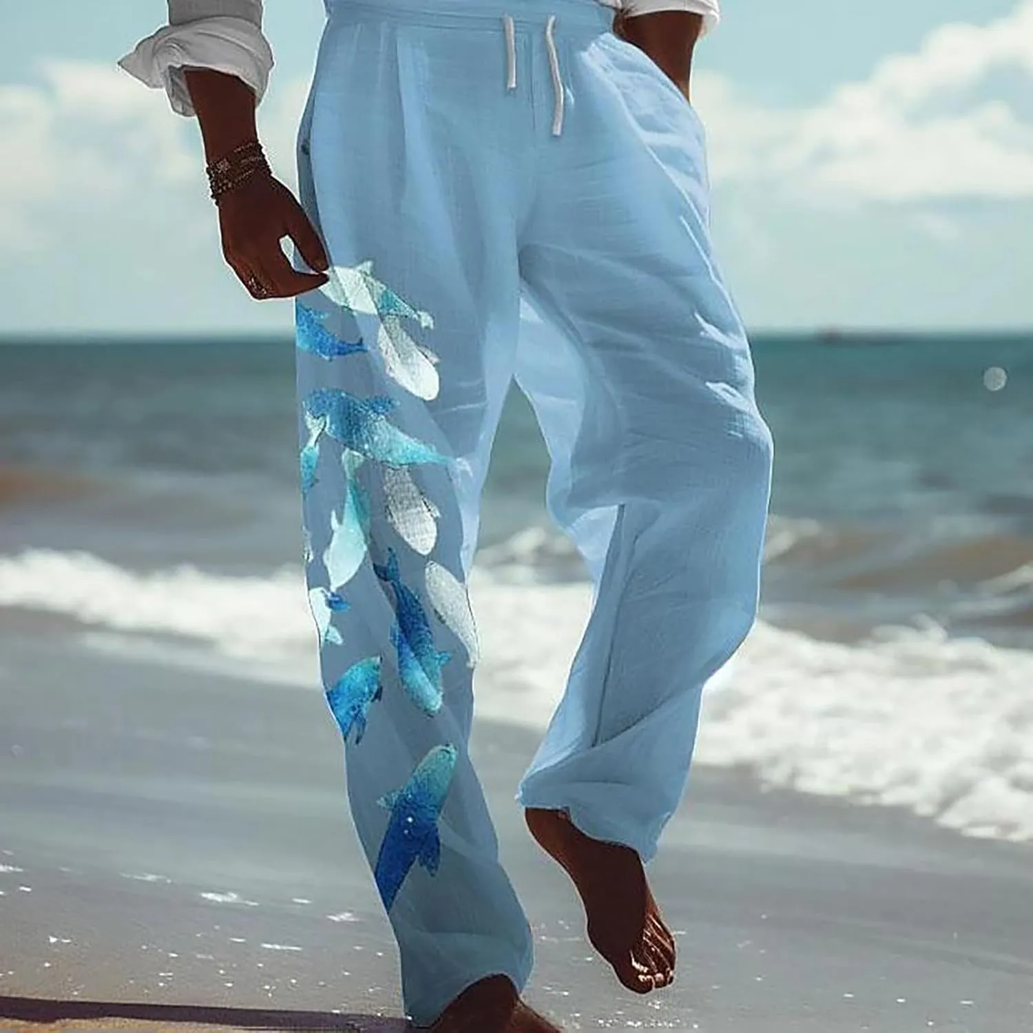 Mens Linen Beach Pants Big and Tall Casual Lounge Drawstring Vacation Print Pants with Pockets Lightweight Trousers