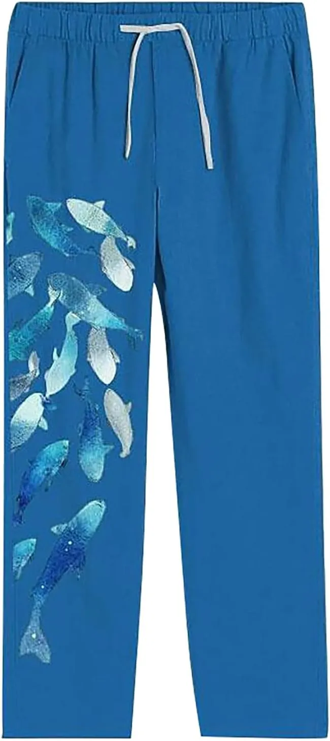 Mens Linen Beach Pants Big and Tall Casual Lounge Drawstring Vacation Print Pants with Pockets Lightweight Trousers