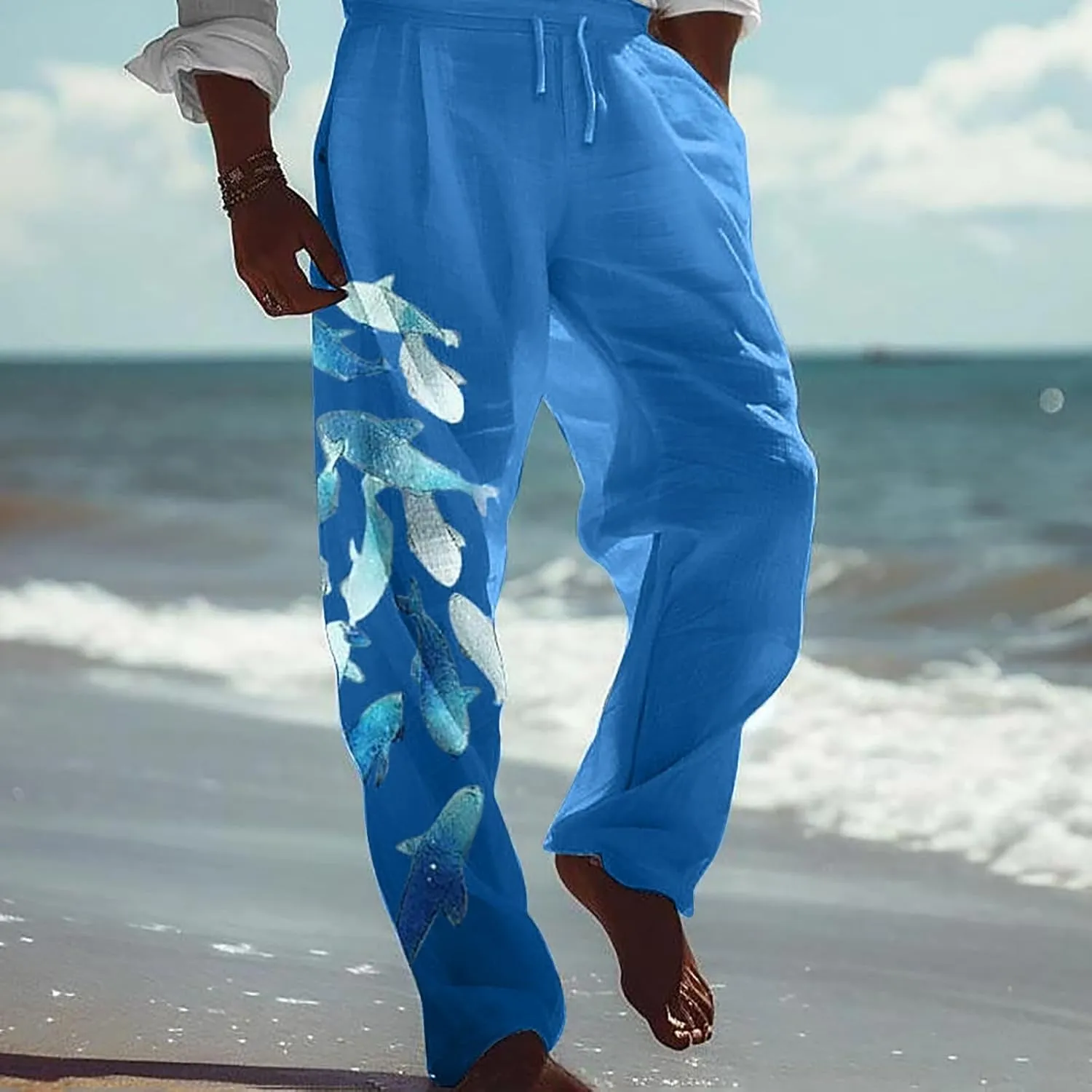 Mens Linen Beach Pants Big and Tall Casual Lounge Drawstring Vacation Print Pants with Pockets Lightweight Trousers