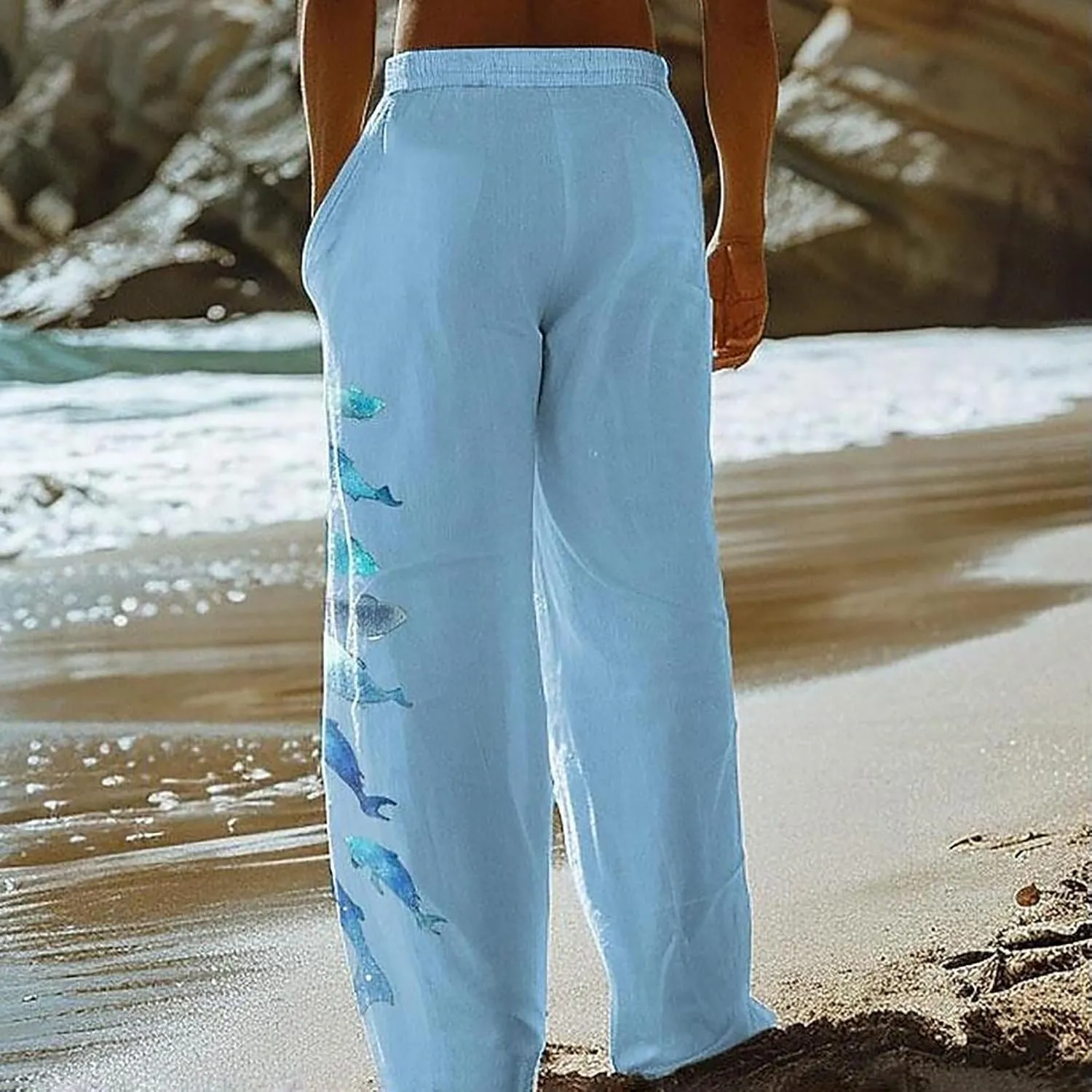 Mens Linen Beach Pants Big and Tall Casual Lounge Drawstring Vacation Print Pants with Pockets Lightweight Trousers