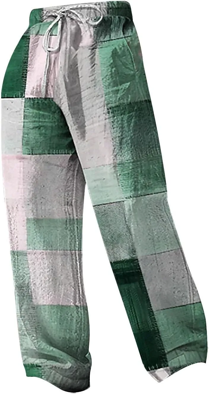 Mens Linen Beach Pants Big and Tall Casual Lounge Drawstring Vacation Print Pants with Pockets Lightweight Trousers