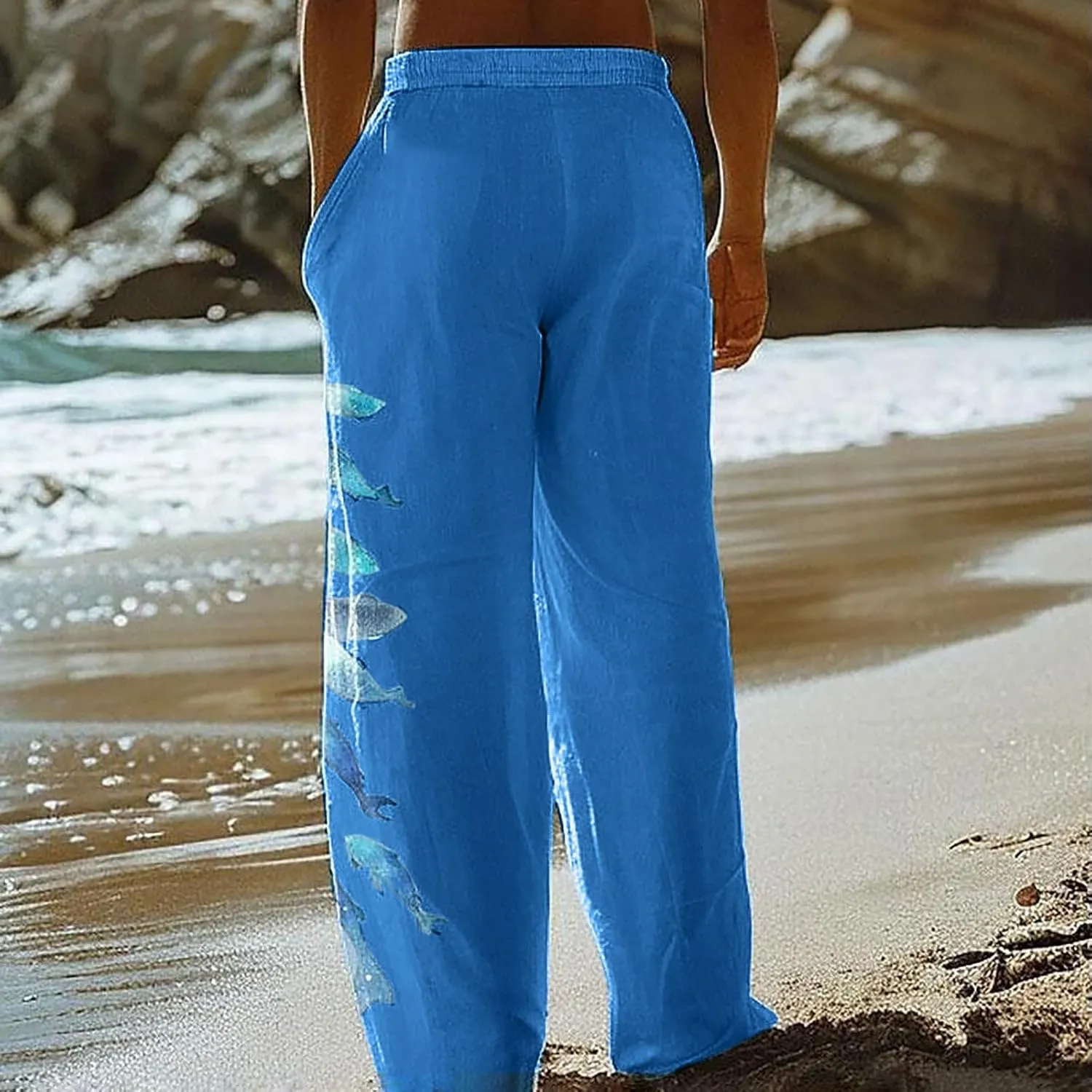 Mens Linen Beach Pants Big and Tall Casual Lounge Drawstring Vacation Print Pants with Pockets Lightweight Trousers