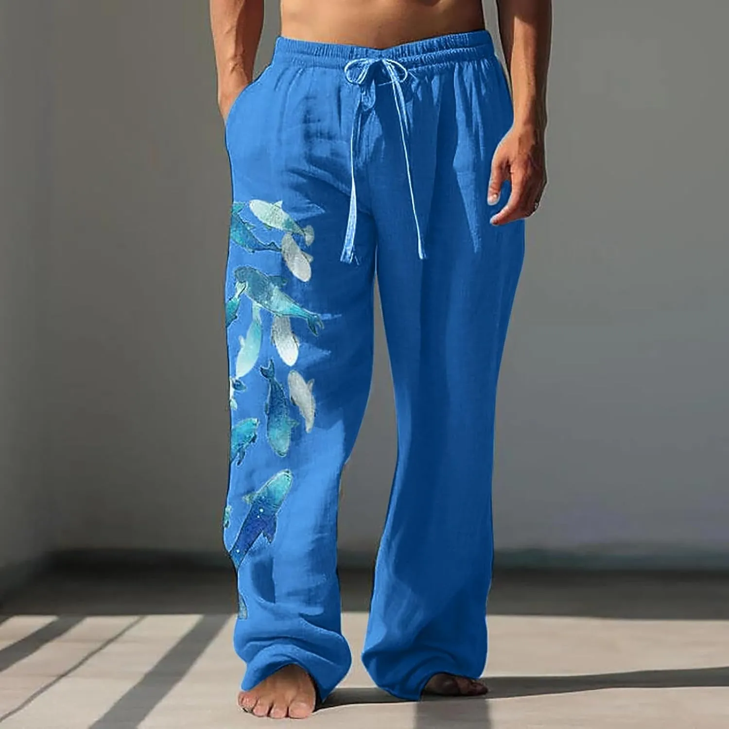 Mens Linen Beach Pants Big and Tall Casual Lounge Drawstring Vacation Print Pants with Pockets Lightweight Trousers