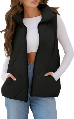 MEROKEETY Womens 2025 Puffer Vest Sleeveless Zip Up Quilted Coat Stand Collar Gilet Jacket With Pockets