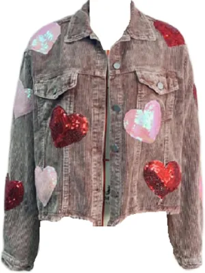 NUFIWI Valentines Day Heart Sequin Corduroy Cropped Jacket Vintage Raw Edge Buttons Patched Coat Love Print Glitter Outwear
