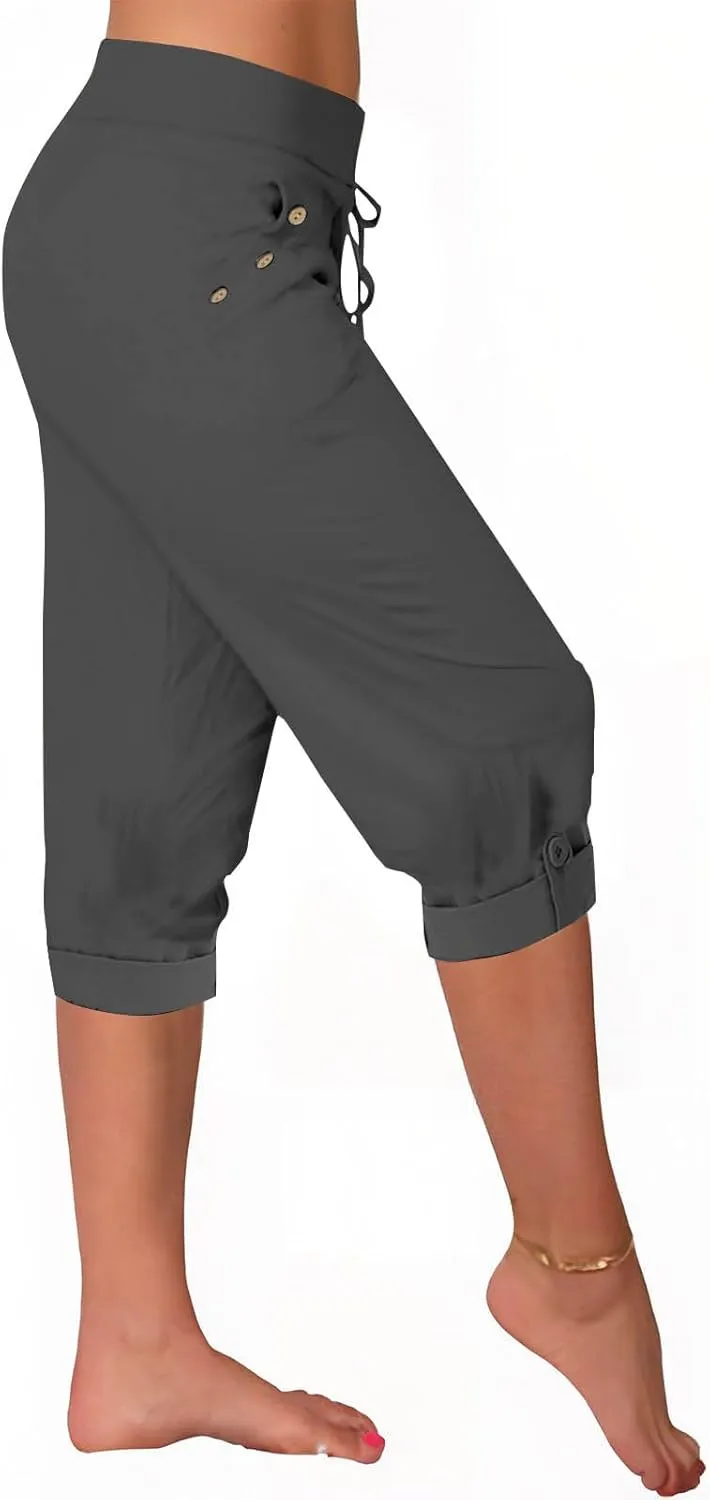 Oplxuo Women Capri Pants High Waisted Drawstring Joggers Knee Length Stretch Lightweight Casual Hiking Pant with Pockets