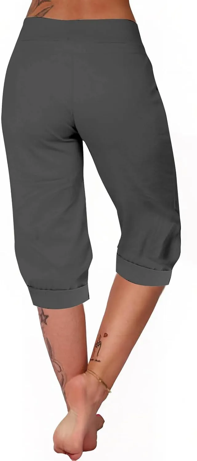 Oplxuo Women Capri Pants High Waisted Drawstring Joggers Knee Length Stretch Lightweight Casual Hiking Pant with Pockets