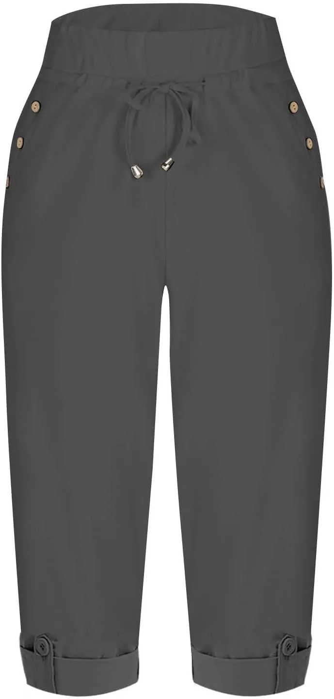 Oplxuo Women Capri Pants High Waisted Drawstring Joggers Knee Length Stretch Lightweight Casual Hiking Pant with Pockets