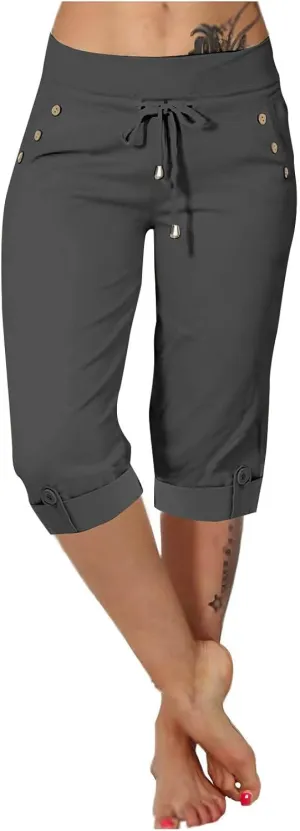 Oplxuo Women Capri Pants High Waisted Drawstring Joggers Knee Length Stretch Lightweight Casual Hiking Pant with Pockets