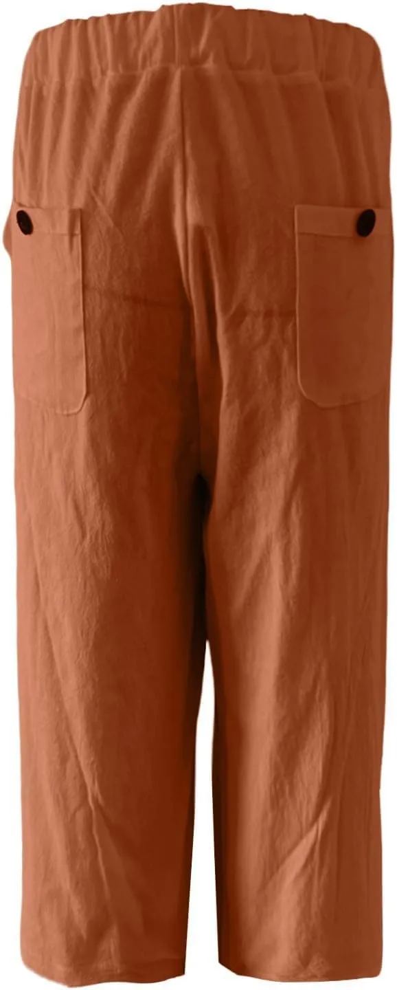 Plus Size Linen Pants for Womens Summer Casual Cotton Linen Capri Pants Drawstring Elastic Waisted Side Slit Capris