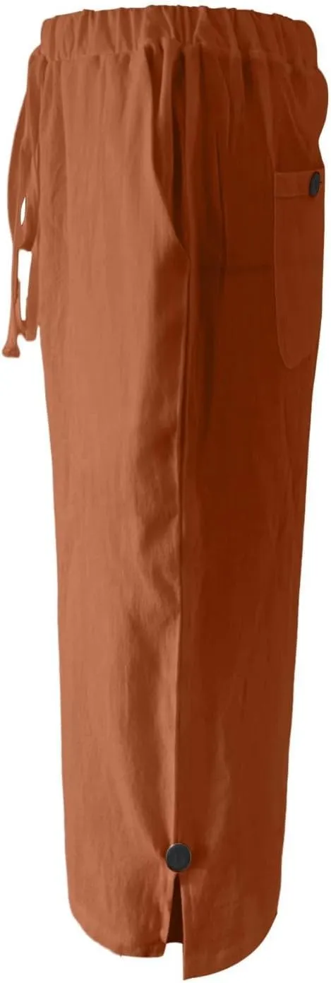 Plus Size Linen Pants for Womens Summer Casual Cotton Linen Capri Pants Drawstring Elastic Waisted Side Slit Capris
