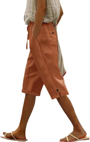 Plus Size Linen Pants for Womens Summer Casual Cotton Linen Capri Pants Drawstring Elastic Waisted Side Slit Capris