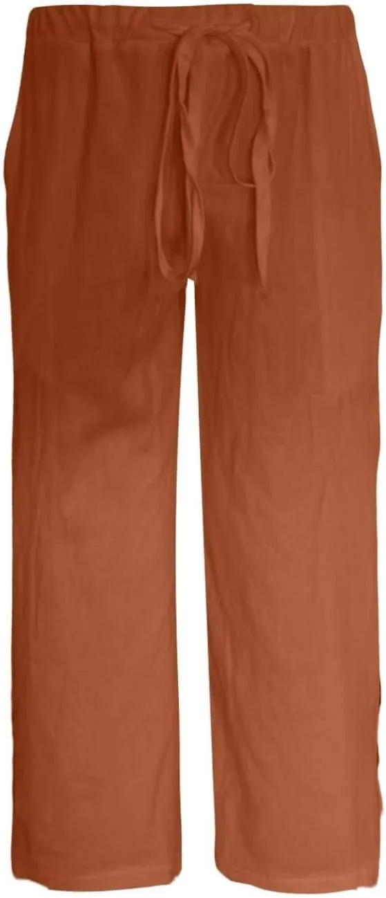 Plus Size Linen Pants for Womens Summer Casual Cotton Linen Capri Pants Drawstring Elastic Waisted Side Slit Capris