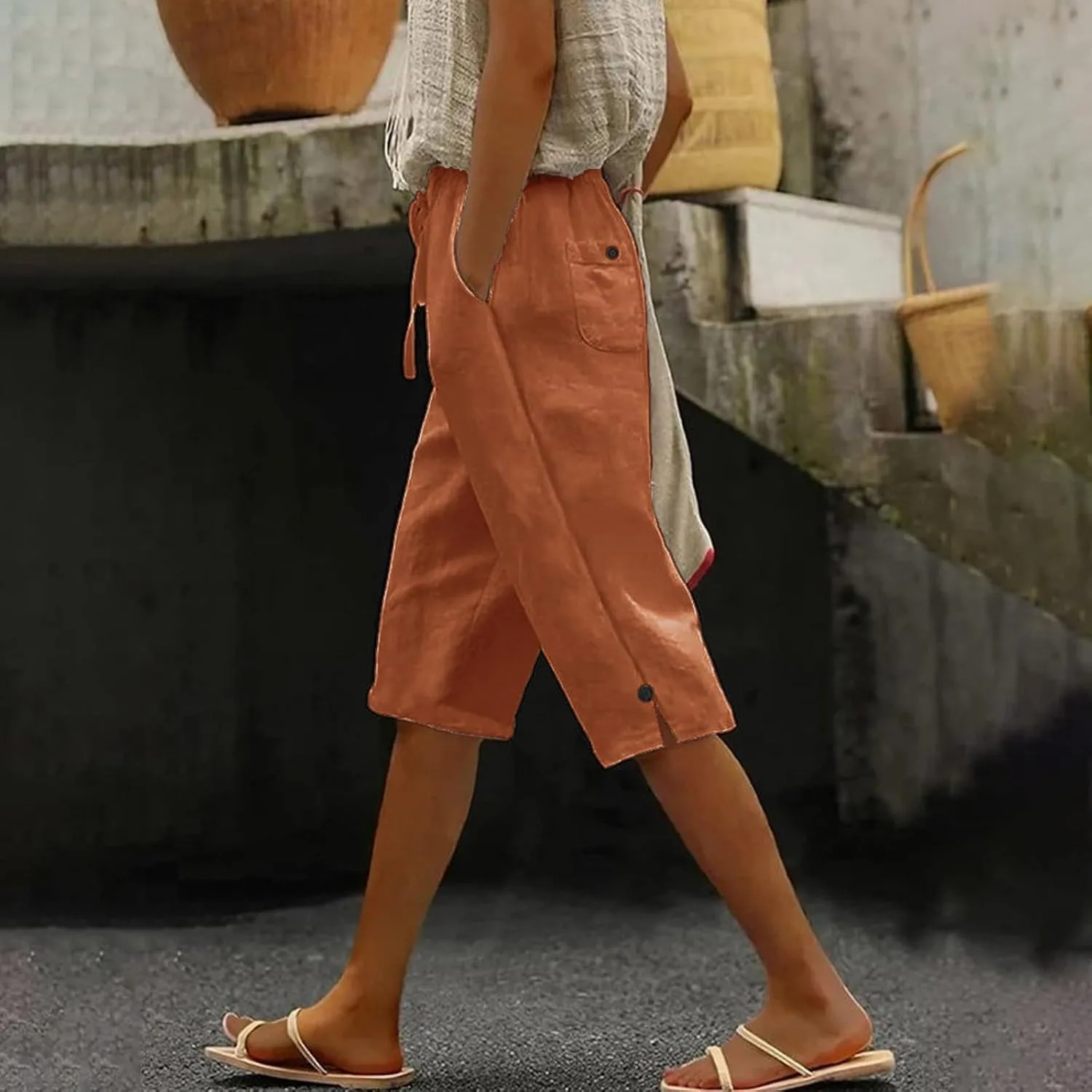 Plus Size Linen Pants for Womens Summer Casual Cotton Linen Capri Pants Drawstring Elastic Waisted Side Slit Capris