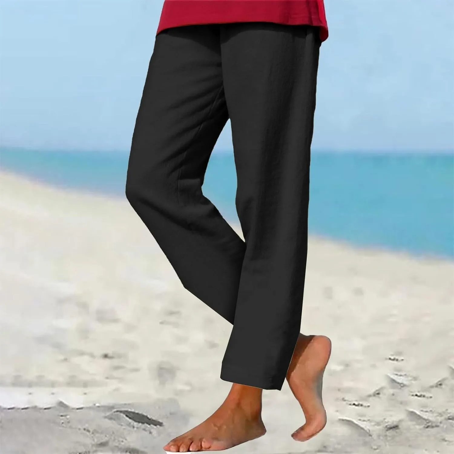 Plus Size Womens Cotton Linen Pants Summer Casual Comfy Beach Pants Straight Leg Drawstring Elastic Waisted Pants