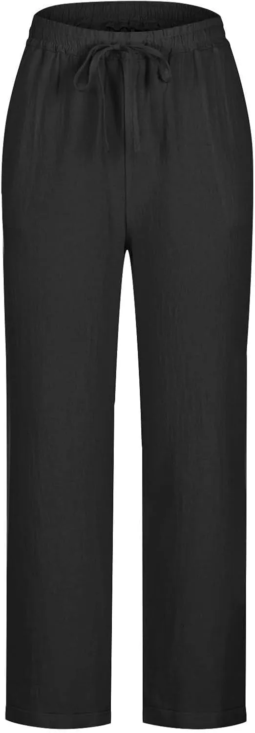Plus Size Womens Cotton Linen Pants Summer Casual Comfy Beach Pants Straight Leg Drawstring Elastic Waisted Pants
