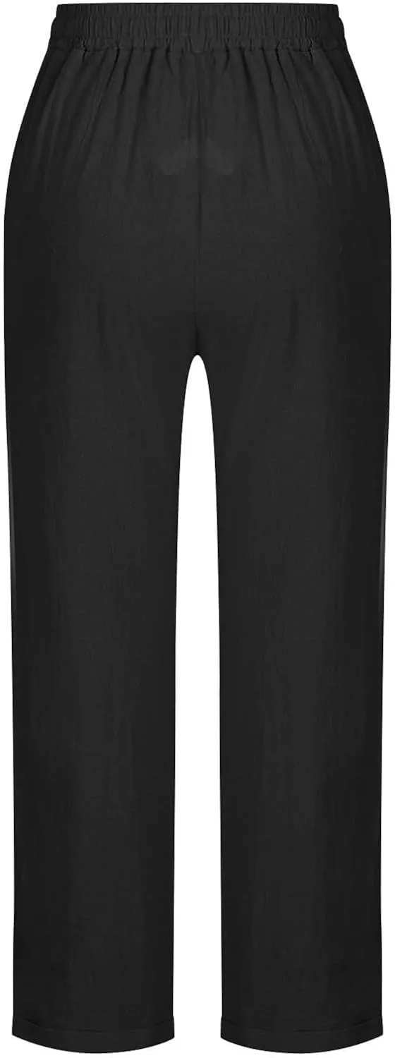 Plus Size Womens Cotton Linen Pants Summer Casual Comfy Beach Pants Straight Leg Drawstring Elastic Waisted Pants