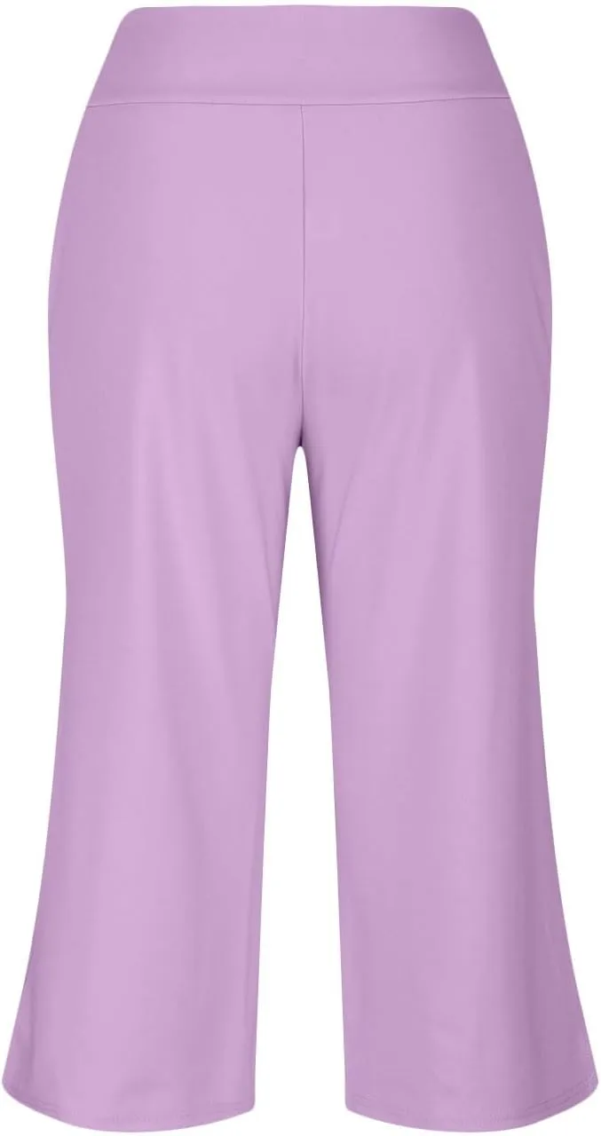 Plus Size Women's Wide Leg Cropped Pants Lightweight Dressy High Waist Lounge Yoga Travel Fitness Trousers with Pockets
