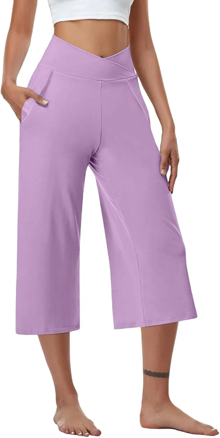 Plus Size Women's Wide Leg Cropped Pants Lightweight Dressy High Waist Lounge Yoga Travel Fitness Trousers with Pockets