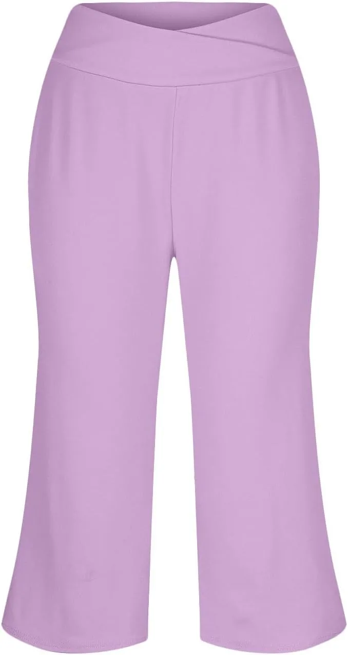 Plus Size Women's Wide Leg Cropped Pants Lightweight Dressy High Waist Lounge Yoga Travel Fitness Trousers with Pockets