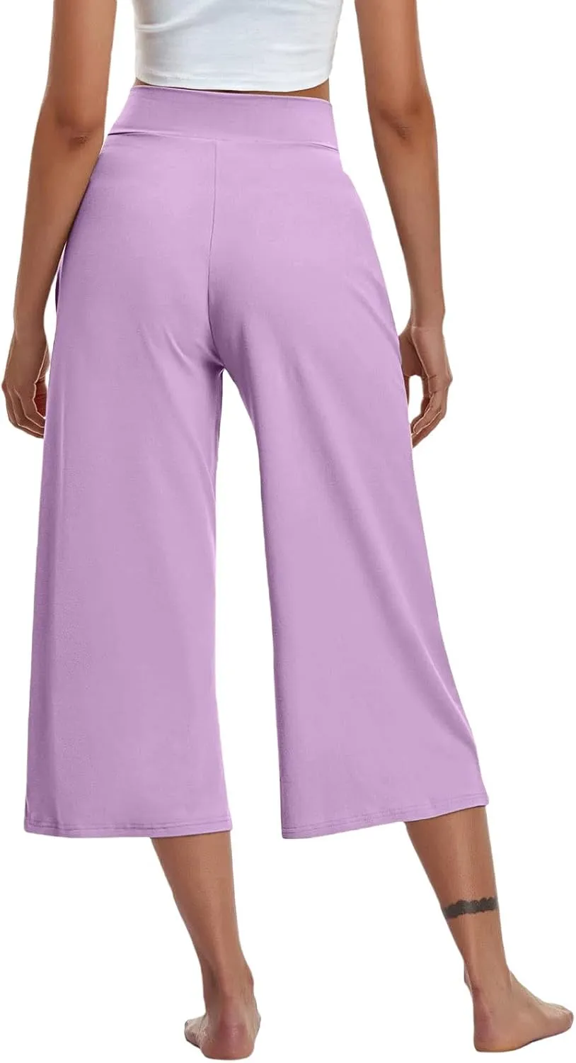 Plus Size Women's Wide Leg Cropped Pants Lightweight Dressy High Waist Lounge Yoga Travel Fitness Trousers with Pockets