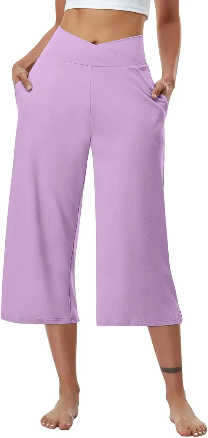 Plus Size Women's Wide Leg Cropped Pants Lightweight Dressy High Waist Lounge Yoga Travel Fitness Trousers with Pockets