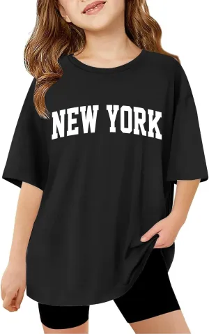 Preppy Tops for Kids Girls 2025 Summer Trendy Letter Print Crewneck Short Sleeve T-Shirts Girls Athletic Tees 3-14Y