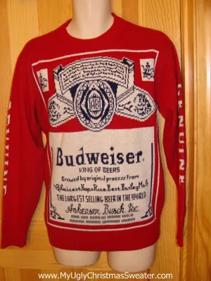 Red Ugly Christmas Sweater Party Vintage Budweiser Sweater with 2sided Bud Label Design (v12)