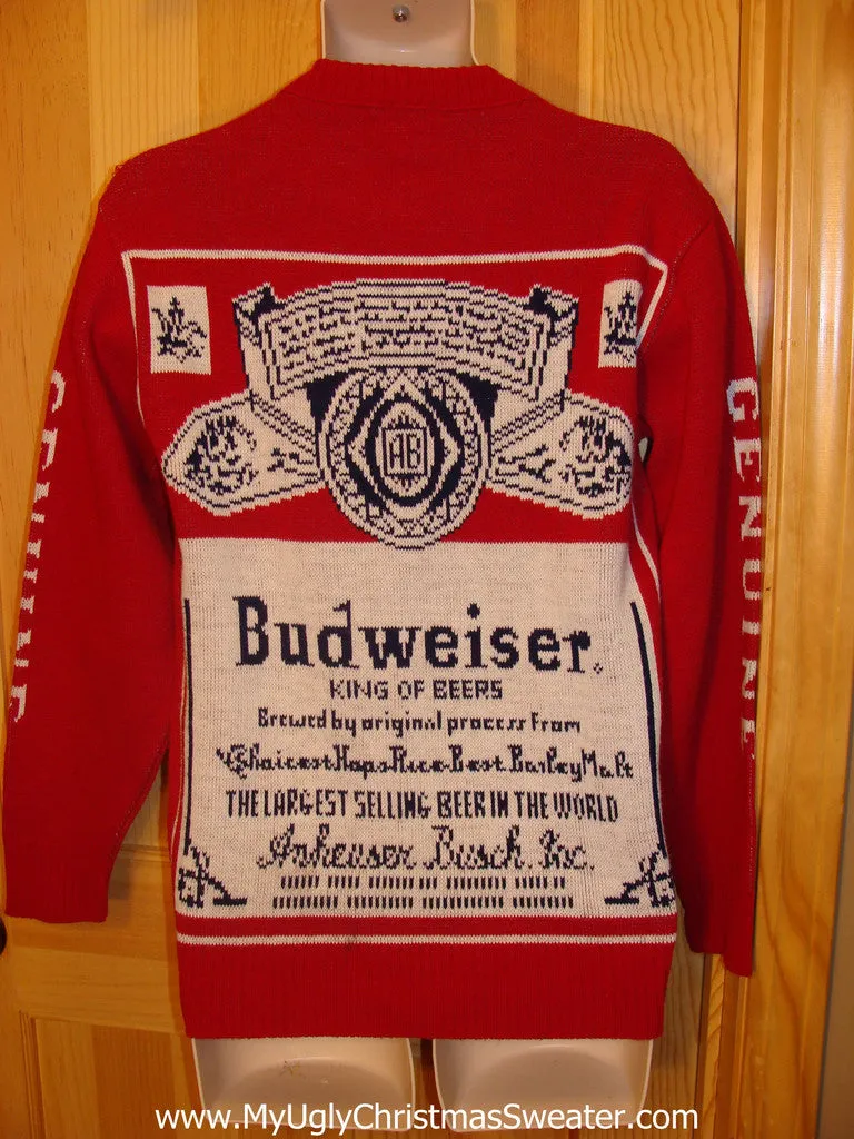 Red Ugly Christmas Sweater Party Vintage Budweiser Sweater with 2sided Bud Label Design (v12)
