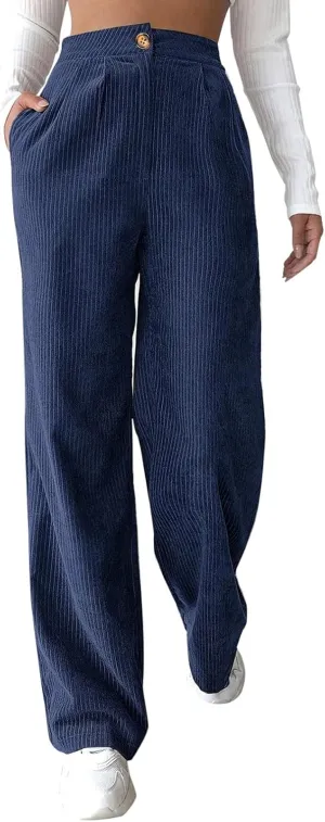 sdbrld Corduroy Pants Women,Womens Corduroy Pants Vintage High Waisted Straight Leg Pants Loose Comfy Trousers with Pockets