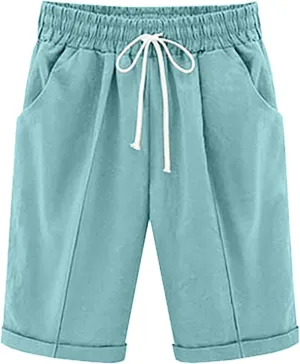 Straight Leg Shorts for Women Cotton Linen Drawstring Elastic Waist Short Pants Casual Leisure Comfy Bermuda Shorts
