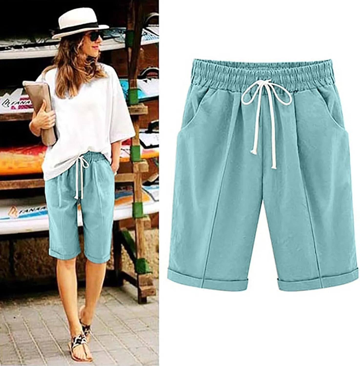Straight Leg Shorts for Women Cotton Linen Drawstring Elastic Waist Short Pants Casual Leisure Comfy Bermuda Shorts
