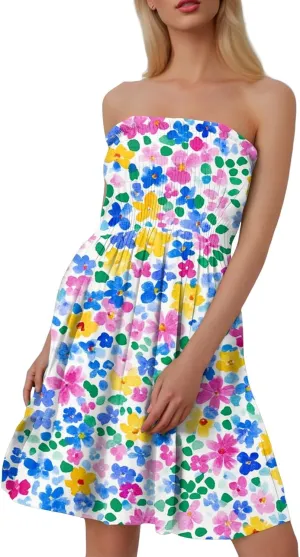 Summer Dresses for Women 2025 Sexy Flower Smocked Tube Top Mini Dress Classy Empire Waist Sleeveless Ruffle Sundress