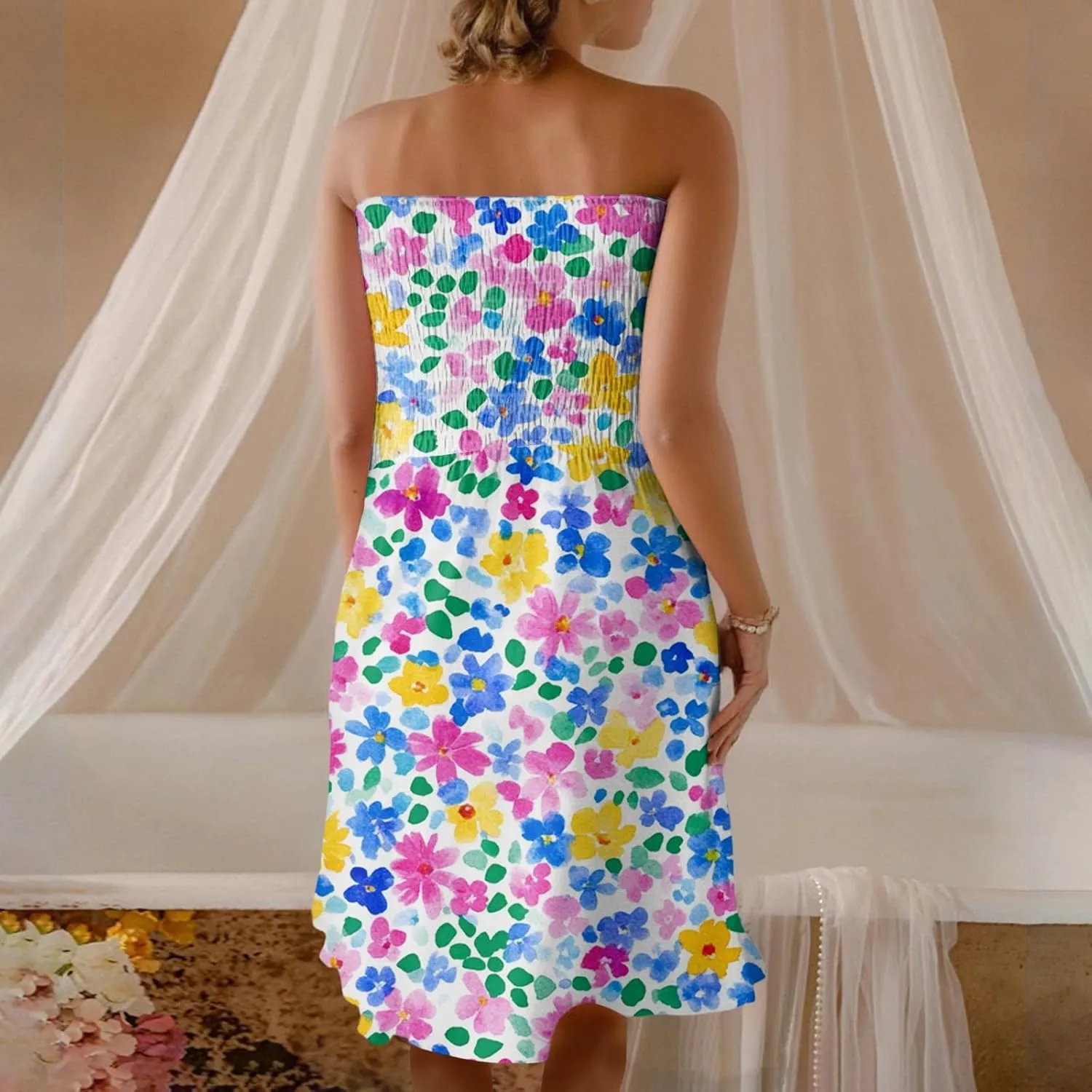 Summer Dresses for Women 2025 Sexy Flower Smocked Tube Top Mini Dress Classy Empire Waist Sleeveless Ruffle Sundress