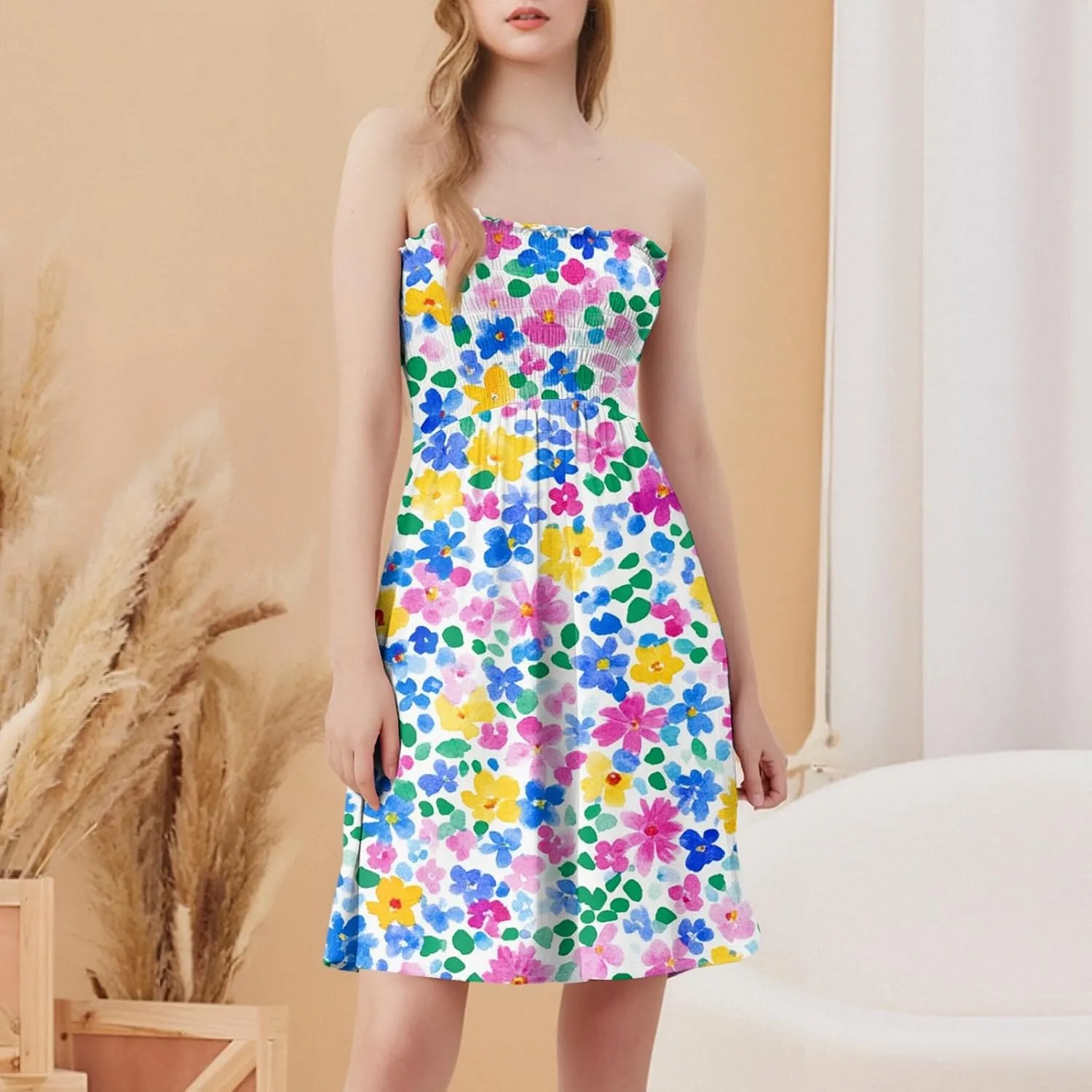 Summer Dresses for Women 2025 Sexy Flower Smocked Tube Top Mini Dress Classy Empire Waist Sleeveless Ruffle Sundress