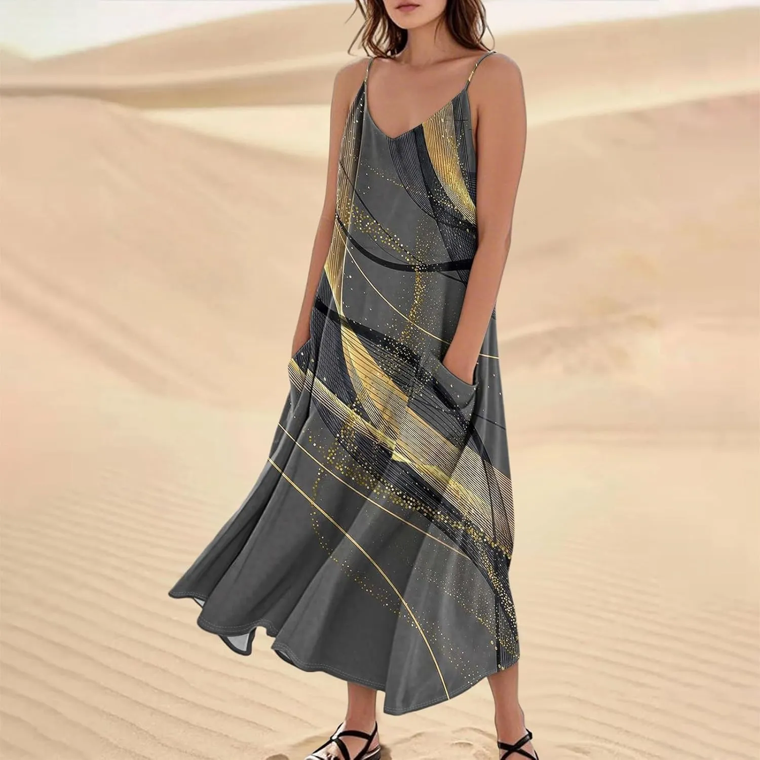 Summer Dresses for Women 2025 Trendy Floral Spaghetti Strap Maxi Sundresses Tropical Paisley Sleeveless Dress with Pockets