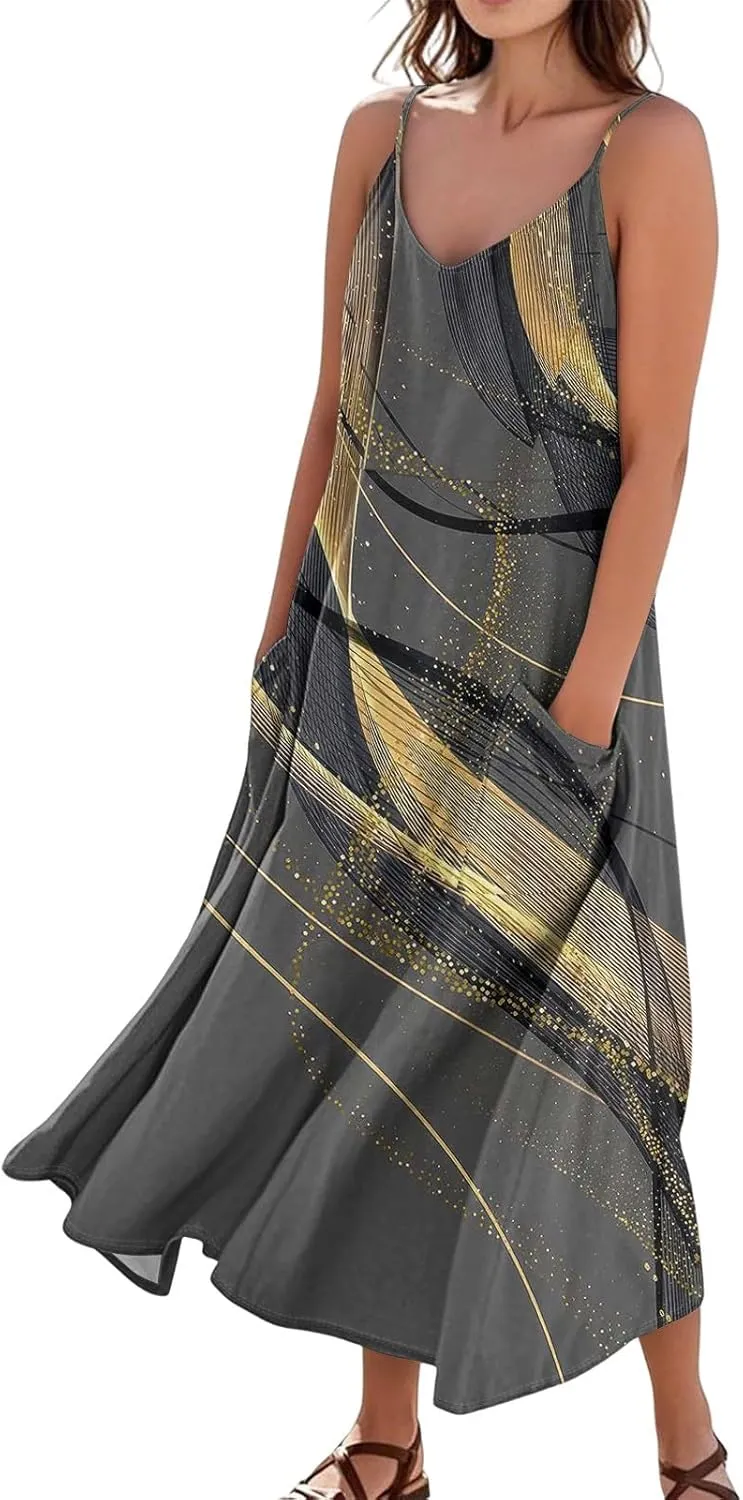 Summer Dresses for Women 2025 Trendy Floral Spaghetti Strap Maxi Sundresses Tropical Paisley Sleeveless Dress with Pockets