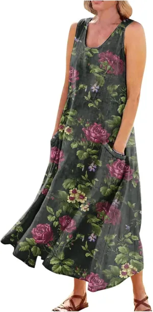 Summer Linen Dresses for Women 2025 Trendy Sleeveless Beach Vacation Travel Dress Casual Maxi Sun Dresses