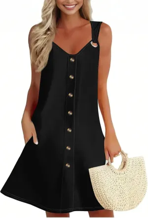 Sundresses for Women 2025 Summer Solid Button Down Sleeveless Midi Dress Loose Vacation Beach Swimsuit Coverups