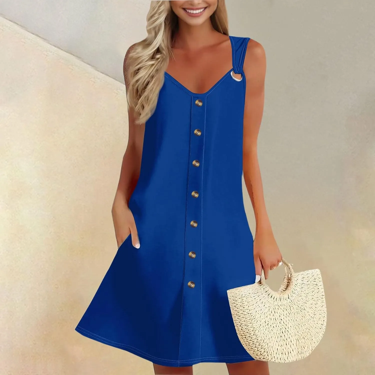Sundresses for Women 2025 Summer Solid Button Down Sleeveless Midi Dress Loose Vacation Beach Swimsuit Coverups